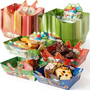 WorldBazaar Christmas Paper Food Trays 60pcs Disposable Snack Tray-0
