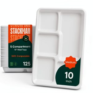 100% Compostable, 5 Compartment, Disposable Paper Plates [125-Pack] - {PFAS Free} - {BPA Certified} - [10 Inch] Heavy Duty Biodegradable Bagasse Sectional Lunch Trays + Dividers - Divided Platter Tray-0