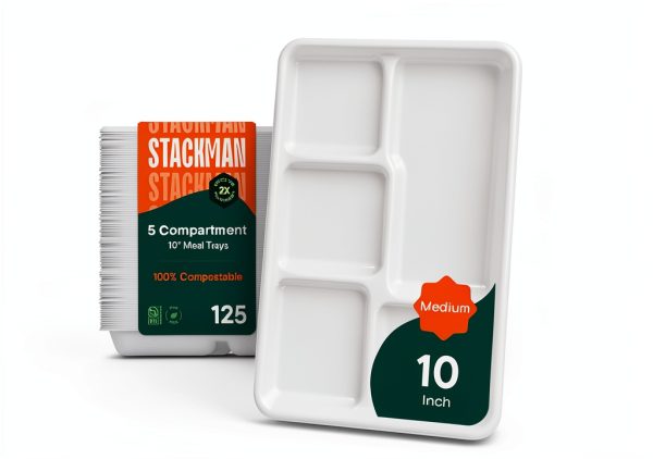 100% Compostable, 5 Compartment, Disposable Paper Plates [125-Pack] - {PFAS Free} - {BPA Certified} - [10 Inch] Heavy Duty Biodegradable Bagasse Sectional Lunch Trays + Dividers - Divided Platter Tray-0