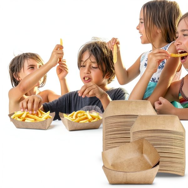 Ocmoiy 1lb Paper Food Trays, 100 Pack Heavy Duty Kraft Food Boats Holders Disposable Serving Basket Trays for Nachos, Fries, BBQ, Festivals, Party-6