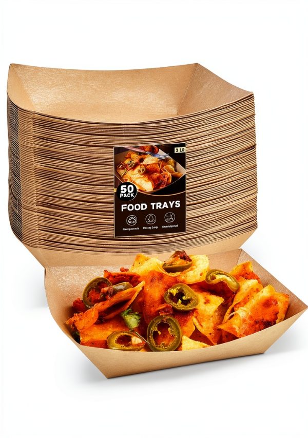 3 Lb Paper Food Trays - 50 Pack Disposable Nacho Trays, Kraft Paper Food Boats Taco Holders Party Serving Baskets for Hot Dogs Snacks Tacos Fries-0