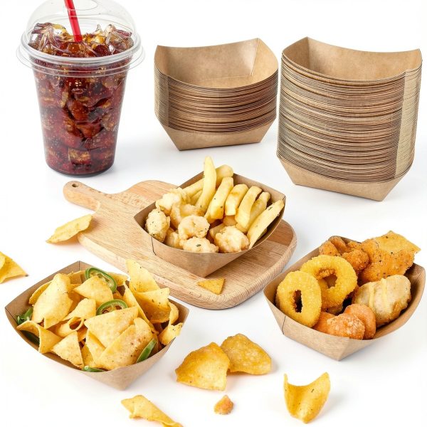 Ocmoiy 1lb Paper Food Trays, 100 Pack Heavy Duty Kraft Food Boats Holders Disposable Serving Basket Trays for Nachos, Fries, BBQ, Festivals, Party-3