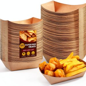 Ocmoiy 1lb Paper Food Trays, 100 Pack Heavy Duty Kraft Food Boats Holders Disposable Serving Basket Trays for Nachos, Fries, BBQ, Festivals, Party-0