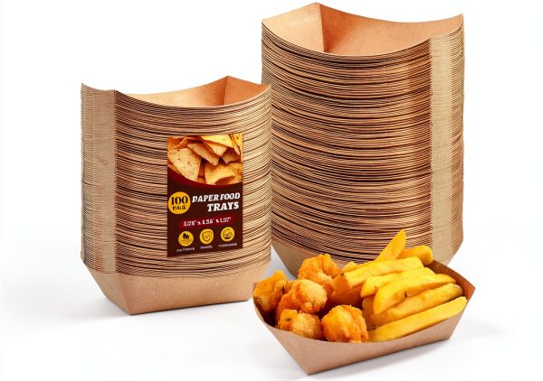 Ocmoiy 1lb Paper Food Trays, 100 Pack Heavy Duty Kraft Food Boats Holders Disposable Serving Basket Trays for Nachos, Fries, BBQ, Festivals, Party-0