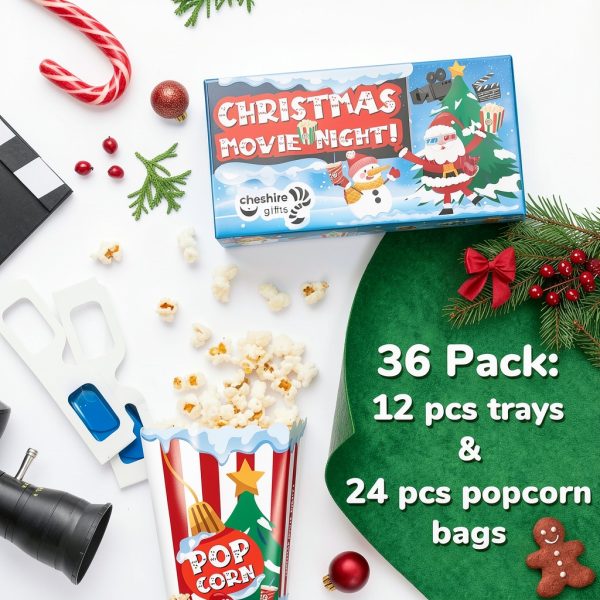 Movie Night Christmas Party Supplies (36ps) - Christmas Movie Night Snack Trays 12pcs & Popcorn Bags 24pcs - Small Decorations Indoor Home Decor & Holiday Party Favors-1